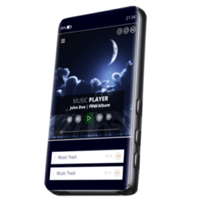 תצוגת נגן FAR MP3 סאמויקס סמארטבאס SAMVIX SMARTBASS D8 מציגה אפליקציית נגן מוזיקה עם "John Doe | First Album" על המסך תחת רקע לילה לאור ירח. שתי רצועות מוזיקה מופיעות למטה עם לחצן הפעלה. לטלפון שלושה לחצני צד הנראים מימין. השעה המוצגת היא 21:34.