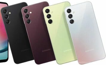 מוצגים ארבעה מכשירי סמארטפון כשר - SAMSUNG A24, כל אחד בצבע אחר: שחור, סגול כהה, ירוק בהיר וכסף. הם מוצגים כשגבם פונה למצלמה, מציגים את המצלמות האחוריות ואת הלוגו של סמסונג בתחתית.