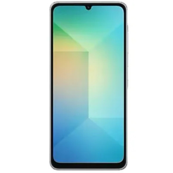 הסמארטפון כשר - SAMSUNG A06 128G כולל תצוגת שיפוע תוססת בגוונים ירוקים, כחולים וצהובים עם מסגרת דקיקה וחריץ קטן למצלמה הקדמית.