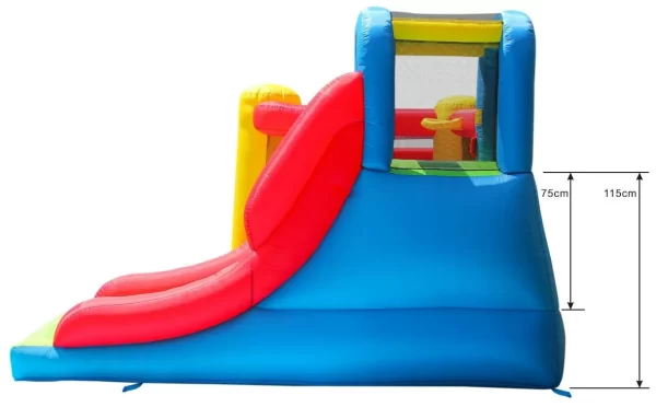 מבט מהצד של התקן מתנפח מ-HAPPY HOP, כולל שקף אדום, בסיס כחול והדגשים צהובים עם מארז רשת למעלה. מידות 75 ס"מ ו-115 ס"מ מופיעות בצד ימין. (מק"ט 9359).