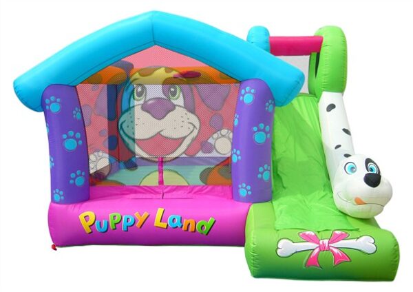 9109 מתקן קפיצה הכלבלב הדלמטי מבית Happy Hop - קפיץ קפוץ הוא בית מקפצה מתנפח צבעוני בשם "Puppy Land", הכולל עיצוב סגול, ורוד וכחול עם הדפסי פני כלב וכפות. הוא כולל מגלשה ירוקה מצורפת עם עיטור בנושא כלב לבן בקצה.