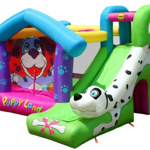 תקן קפיצה הכלבלב הדלמטי 9109 של Happy Hop - קפיץ קפיץ הוא בית מקפצה מתנפח צבעוני עם מגלשה, הכולל עיטורים בנושא כלבים, כולל תמונות של כלבים והדפסי כפות, ואיור גדול של "ארץ כלבלבים" לאווירה שובבה.