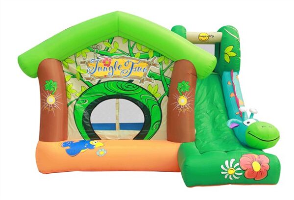 מתנפח 9139 Happy Hop Jungle Fun כולל בית מקפיץ צבעוני בצורת בקתה ירוקה עם עיצובים עלים ופרחים ססגוניים, בשילוב עם מגלשה עם ראש דינוזאור ירוק ומחייך בראשה.