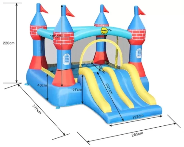 ה-9512 מתקן קפיצה מתנפח טירה עם מגלשה כפולה - Happy Hop - קפיץ קפיץ כולל שתי מגלשות כחולות וצהובות, ומעוטר במגדלים אדומים וכחולים עם דגלים. גובהו 220 ס"מ ואורך 370 ס"מ, מושלם למשחק ילדים.