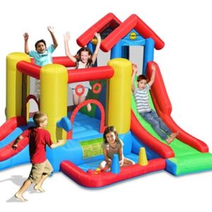 ילדים משחקים בשמחה על ה-Happy Hop 9019 מתקן קפיצה בית 7 התחנות - קפיץ קפיץ, בית קופץ מתנפח צבעוני הכולל אזור משחקים, שתי מגלשות ובור כדורים קטן באדום, כחול, צהוב וירוק.