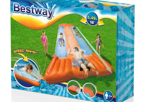 המגשר הבינוני המתנפח של Box of Bestway כולל ילדים המחליקים במגלשה כתומה באורך 18 רגל עם שביל מים כחול מוקף בדשא. הוא כולל את תכונת "רמפת מהירות" ומתאים לגילאי 3 ומעלה.