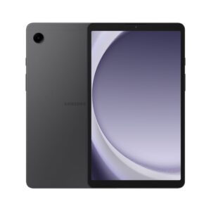 טאבלט שחור כשר - SAMSUNG A9 מבצע חברי מועדון VIP מוצג מקדימה ומאחור, עם מצלמה אחורית בפינה שמאלית עליונה ומסך גדול המציג רקע סגול ולבן אבסטרקטי.