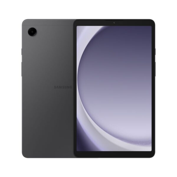 טאבלט שחור כשר - SAMSUNG A9 מבצע חברי מועדון VIP מוצג מקדימה ומאחור, עם מצלמה אחורית בפינה שמאלית עליונה ומסך גדול המציג רקע סגול ולבן אבסטרקטי.